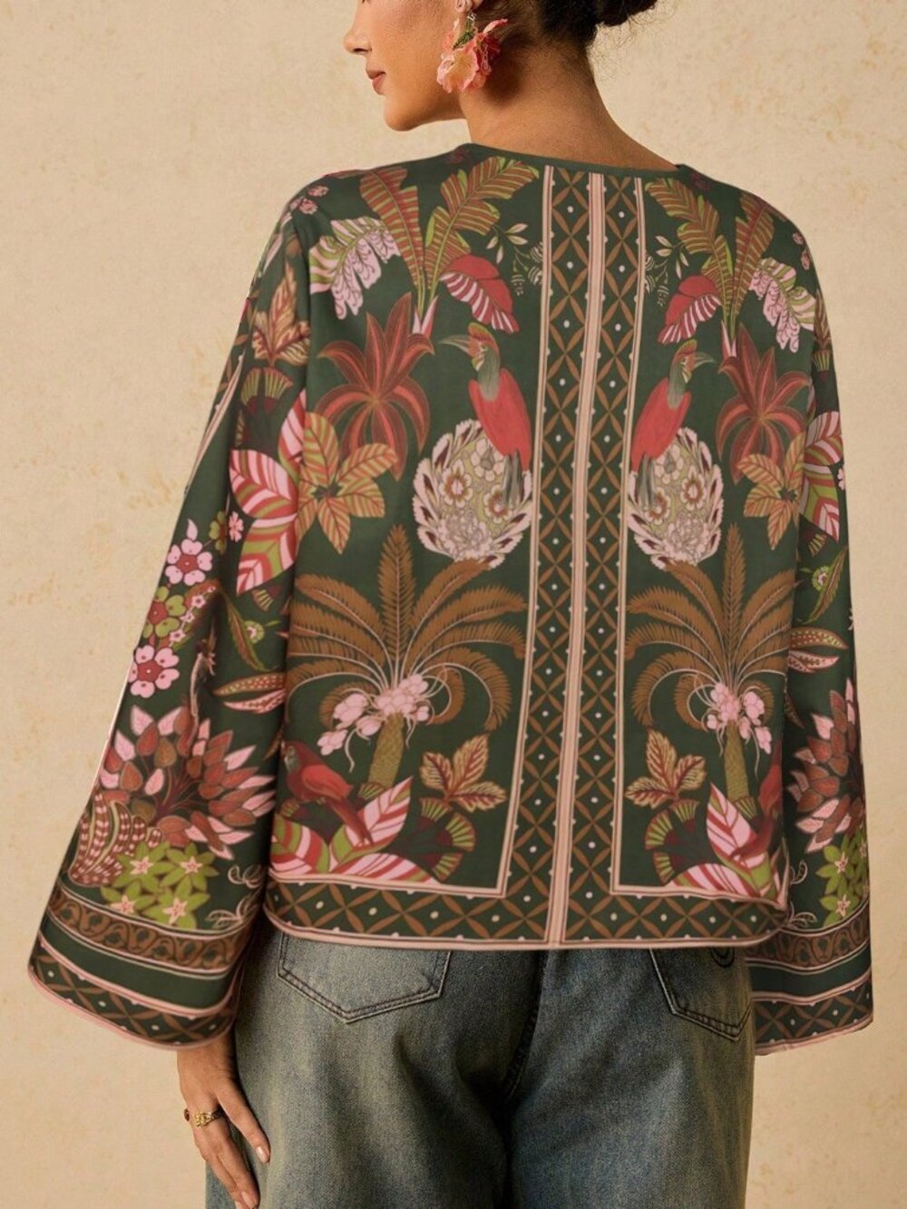 Dark Green Boho Women's Plus Size Vacation Plant Print Front Tie Shirt - Picture 2 of 6